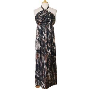 H&M Animal Print Dress Size 6 Halter Tie Neck Open Back Long Maxi Satin Lined